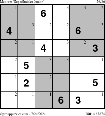 The grouppuzzles.com Medium SuperSudoku-Junior puzzle for Wednesday July 24, 2024 with the first 3 steps marked