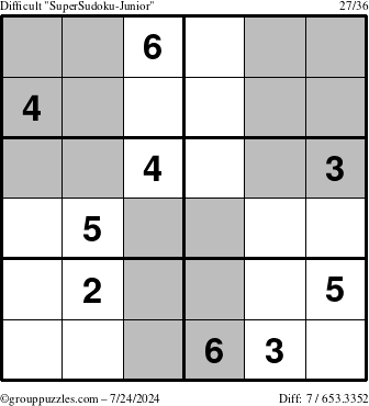 The grouppuzzles.com Difficult SuperSudoku-Junior puzzle for Wednesday July 24, 2024