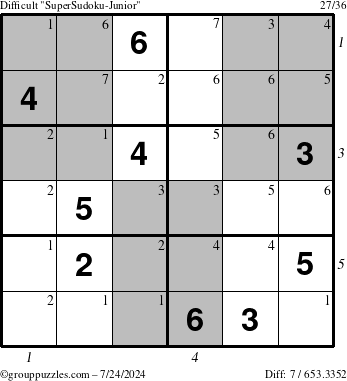 The grouppuzzles.com Difficult SuperSudoku-Junior puzzle for Wednesday July 24, 2024 with all 7 steps marked