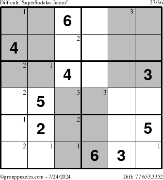 The grouppuzzles.com Difficult SuperSudoku-Junior puzzle for Wednesday July 24, 2024 with the first 3 steps marked