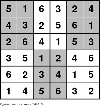 The grouppuzzles.com Answer grid for the SuperSudoku-Junior puzzle for Wednesday July 24, 2024