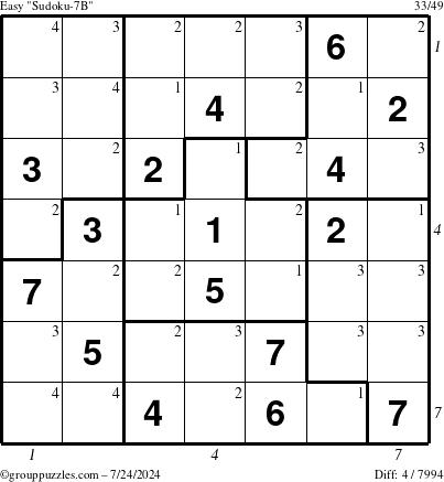 The grouppuzzles.com Easy Sudoku-7B puzzle for Wednesday July 24, 2024 with all 4 steps marked