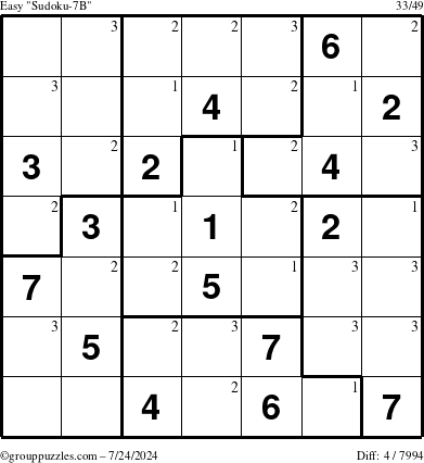 The grouppuzzles.com Easy Sudoku-7B puzzle for Wednesday July 24, 2024 with the first 3 steps marked