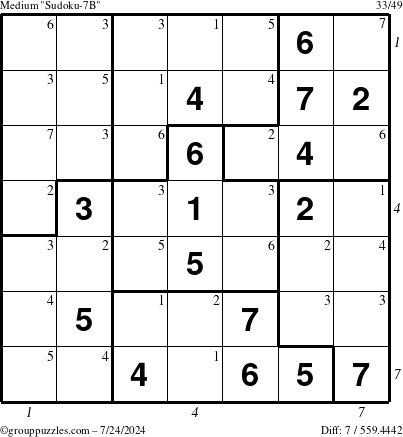 The grouppuzzles.com Medium Sudoku-7B puzzle for Wednesday July 24, 2024 with all 7 steps marked