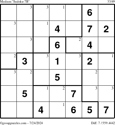 The grouppuzzles.com Medium Sudoku-7B puzzle for Wednesday July 24, 2024 with the first 3 steps marked