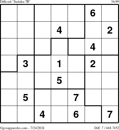 The grouppuzzles.com Difficult Sudoku-7B puzzle for Wednesday July 24, 2024