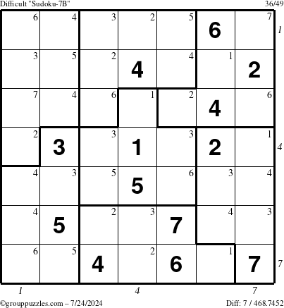 The grouppuzzles.com Difficult Sudoku-7B puzzle for Wednesday July 24, 2024 with all 7 steps marked