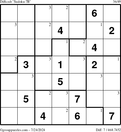 The grouppuzzles.com Difficult Sudoku-7B puzzle for Wednesday July 24, 2024 with the first 3 steps marked