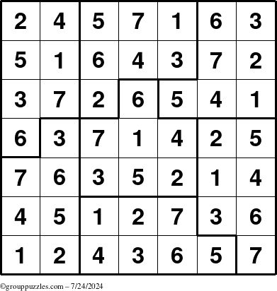 The grouppuzzles.com Answer grid for the Sudoku-7B puzzle for Wednesday July 24, 2024