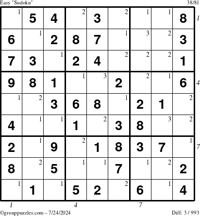 The grouppuzzles.com Easy Sudoku puzzle for Wednesday July 24, 2024 with all 3 steps marked