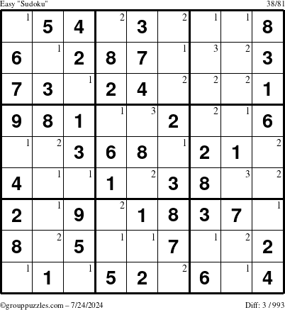 The grouppuzzles.com Easy Sudoku puzzle for Wednesday July 24, 2024 with the first 3 steps marked