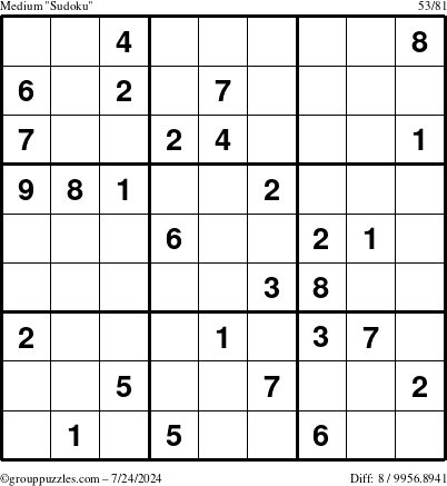 The grouppuzzles.com Medium Sudoku puzzle for Wednesday July 24, 2024