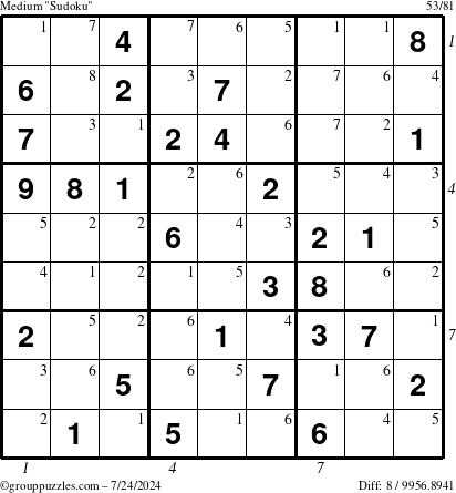 The grouppuzzles.com Medium Sudoku puzzle for Wednesday July 24, 2024 with all 8 steps marked