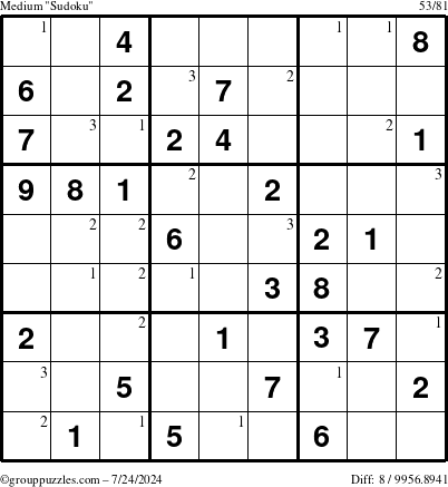 The grouppuzzles.com Medium Sudoku puzzle for Wednesday July 24, 2024 with the first 3 steps marked