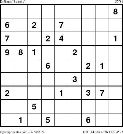 The grouppuzzles.com Difficult Sudoku puzzle for Wednesday July 24, 2024