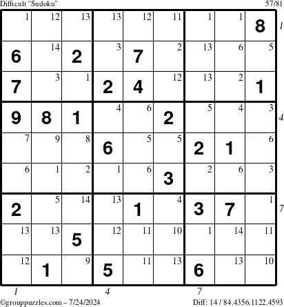 The grouppuzzles.com Difficult Sudoku puzzle for Wednesday July 24, 2024 with all 14 steps marked