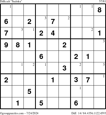 The grouppuzzles.com Difficult Sudoku puzzle for Wednesday July 24, 2024 with the first 3 steps marked