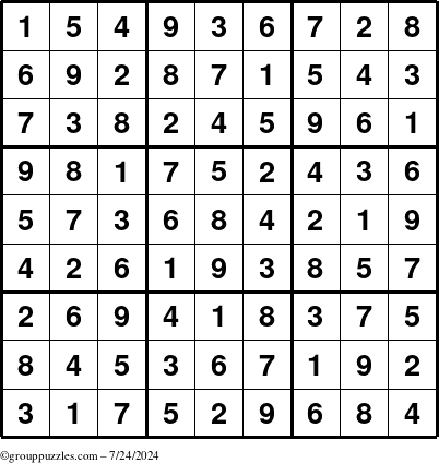 The grouppuzzles.com Answer grid for the Sudoku puzzle for Wednesday July 24, 2024