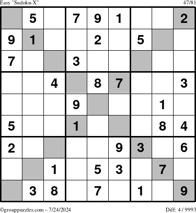 The grouppuzzles.com Easy Sudoku-X puzzle for Wednesday July 24, 2024