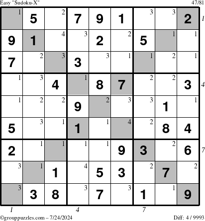 The grouppuzzles.com Easy Sudoku-X puzzle for Wednesday July 24, 2024 with all 4 steps marked