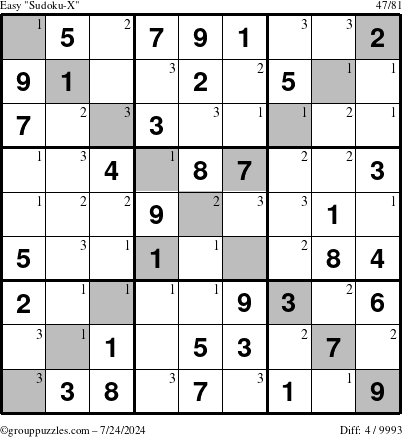 The grouppuzzles.com Easy Sudoku-X puzzle for Wednesday July 24, 2024 with the first 3 steps marked