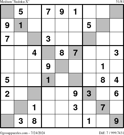 The grouppuzzles.com Medium Sudoku-X puzzle for Wednesday July 24, 2024