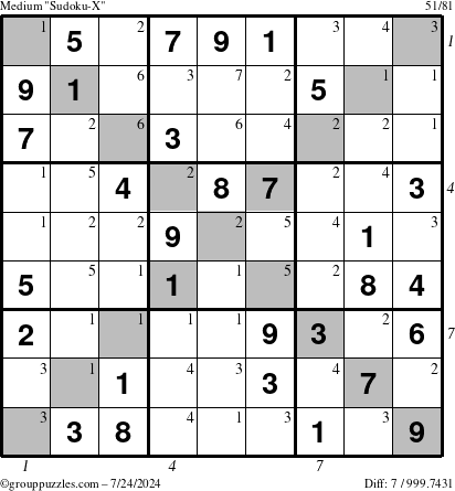 The grouppuzzles.com Medium Sudoku-X puzzle for Wednesday July 24, 2024 with all 7 steps marked