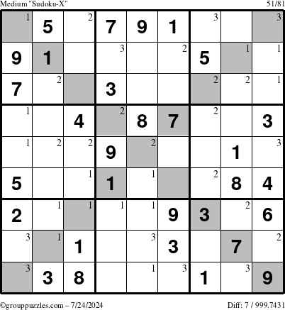 The grouppuzzles.com Medium Sudoku-X puzzle for Wednesday July 24, 2024 with the first 3 steps marked