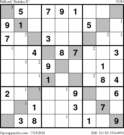 The grouppuzzles.com Difficult Sudoku-X puzzle for Wednesday July 24, 2024 with the first 3 steps marked