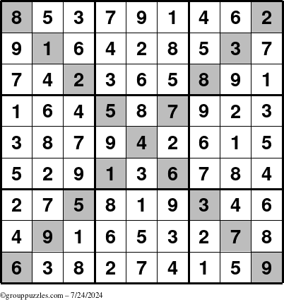 The grouppuzzles.com Answer grid for the Sudoku-X puzzle for Wednesday July 24, 2024