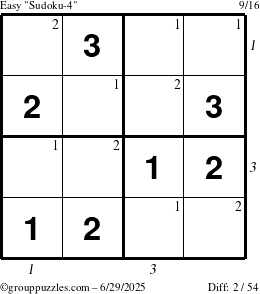 The grouppuzzles.com Easy Sudoku-4 puzzle for Sunday June 29, 2025 with all 2 steps marked