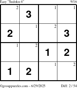 The grouppuzzles.com Easy Sudoku-4 puzzle for Sunday June 29, 2025 with the first 2 steps marked