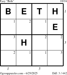 The grouppuzzles.com Easy Beth puzzle for Sunday June 29, 2025 with all 3 steps marked