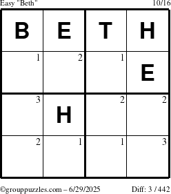 The grouppuzzles.com Easy Beth puzzle for Sunday June 29, 2025 with the first 3 steps marked
