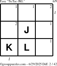 The grouppuzzles.com Easy TicTac-JKL puzzle for Sunday June 29, 2025 with all 2 steps marked