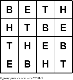 The grouppuzzles.com Answer grid for the Beth puzzle for Sunday June 29, 2025