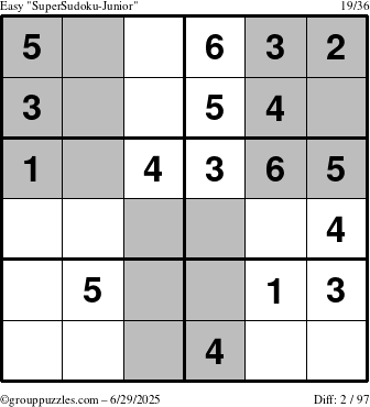 The grouppuzzles.com Easy SuperSudoku-Junior puzzle for Sunday June 29, 2025