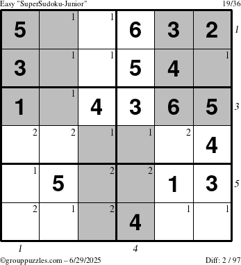 The grouppuzzles.com Easy SuperSudoku-Junior puzzle for Sunday June 29, 2025 with all 2 steps marked