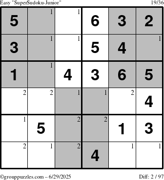 The grouppuzzles.com Easy SuperSudoku-Junior puzzle for Sunday June 29, 2025 with the first 2 steps marked