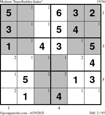 The grouppuzzles.com Medium SuperSudoku-Junior puzzle for Sunday June 29, 2025 with all 2 steps marked