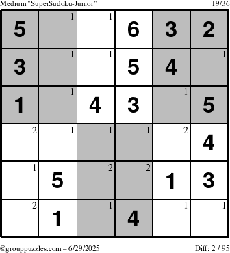 The grouppuzzles.com Medium SuperSudoku-Junior puzzle for Sunday June 29, 2025 with the first 2 steps marked