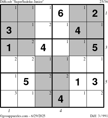 The grouppuzzles.com Difficult SuperSudoku-Junior puzzle for Sunday June 29, 2025, suitable for printing, with all 3 steps marked