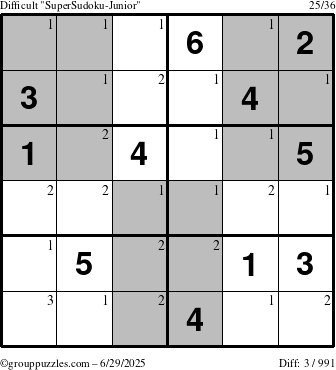 The grouppuzzles.com Difficult SuperSudoku-Junior puzzle for Sunday June 29, 2025 with the first 3 steps marked