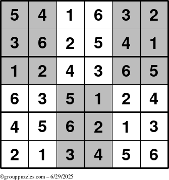 The grouppuzzles.com Answer grid for the SuperSudoku-Junior puzzle for Sunday June 29, 2025