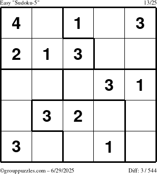 The grouppuzzles.com Easy Sudoku-5 puzzle for Sunday June 29, 2025