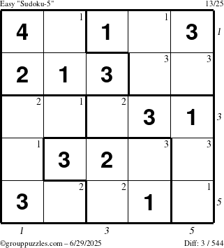The grouppuzzles.com Easy Sudoku-5 puzzle for Sunday June 29, 2025 with all 3 steps marked