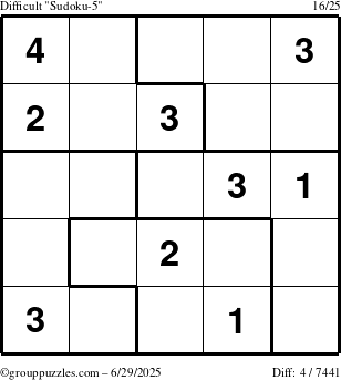 The grouppuzzles.com Difficult Sudoku-5 puzzle for Sunday June 29, 2025