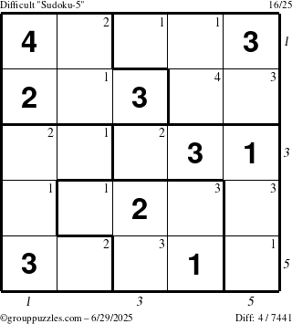 The grouppuzzles.com Difficult Sudoku-5 puzzle for Sunday June 29, 2025, suitable for printing, with all 4 steps marked