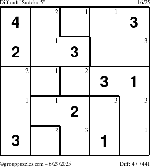 The grouppuzzles.com Difficult Sudoku-5 puzzle for Sunday June 29, 2025 with the first 3 steps marked