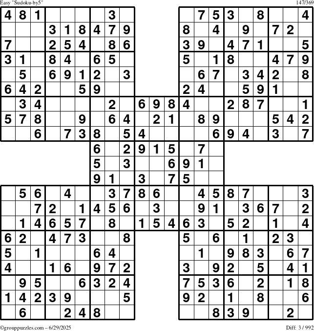 The grouppuzzles.com Easy Sudoku-by5 puzzle for Sunday June 29, 2025